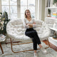 Ivory Faux Shearling Fabric/Soft Gold Frame |#| Folding Faux Shearling Double Saucer Chair with Steel Frame - Ivory/Soft Gold