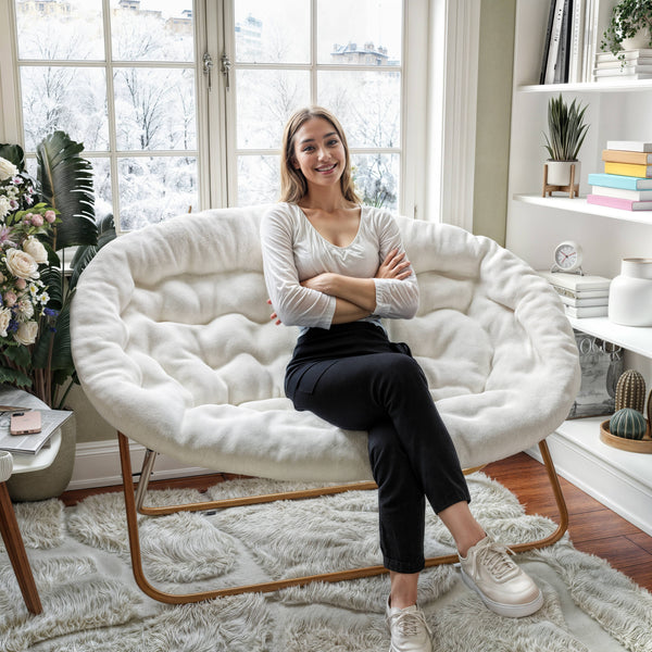 Ivory Faux Shearling Fabric/Soft Gold Frame |#| Folding Faux Shearling Double Saucer Chair with Steel Frame - Ivory/Soft Gold
