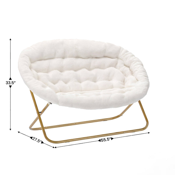 Ivory Faux Shearling Fabric/Soft Gold Frame |#| Folding Faux Shearling Double Saucer Chair with Steel Frame - Ivory/Soft Gold
