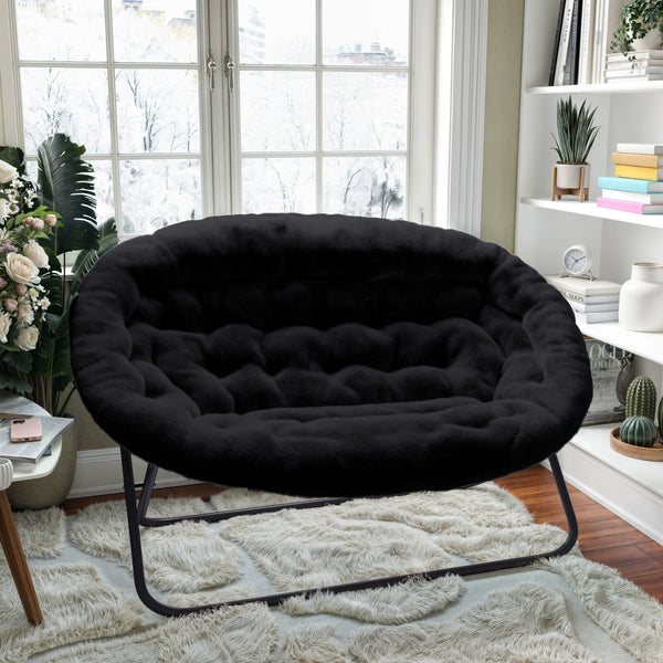 Black Fabric/Black Frame |#| Folding Faux Fur Double Saucer Chair with Steel Frame - Black/Black