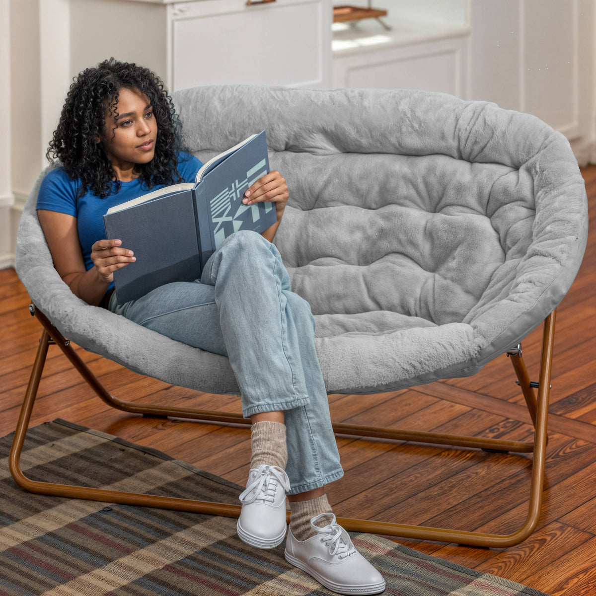 Gray Fabric/Soft Gold Frame |#| Folding Faux Fur Double Saucer Chair with Steel Frame - Gray/Soft Gold