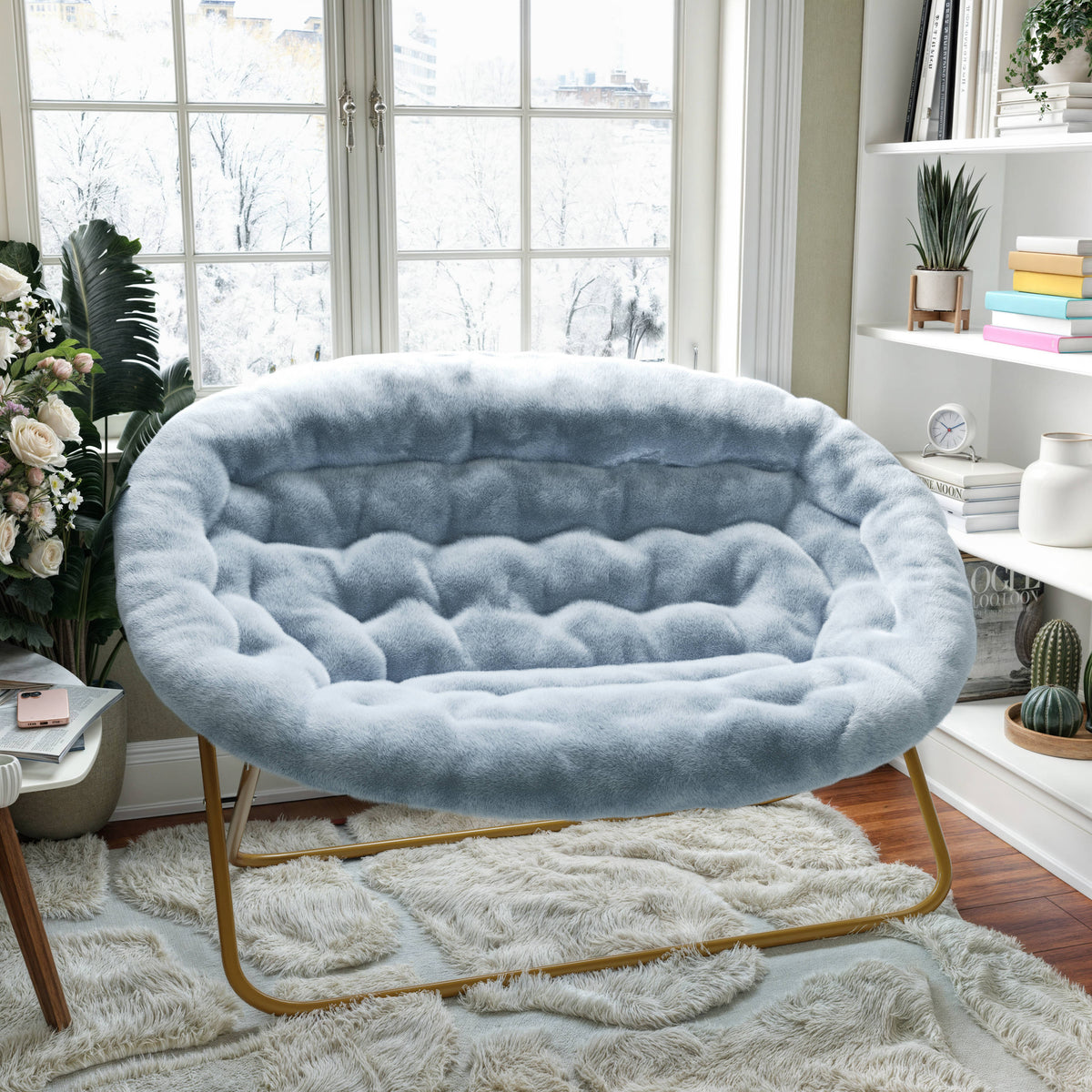 Aqua Fabric/Soft Gold Frame |#| Folding Faux Fur Double Saucer Chair with Steel Frame - Dusty Aqua/Soft Gold
