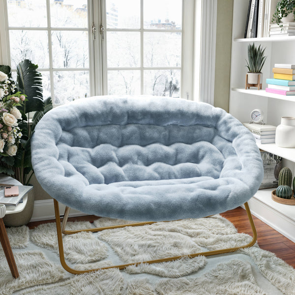 Aqua Fabric/Soft Gold Frame |#| Folding Faux Fur Double Saucer Chair with Steel Frame - Dusty Aqua/Soft Gold