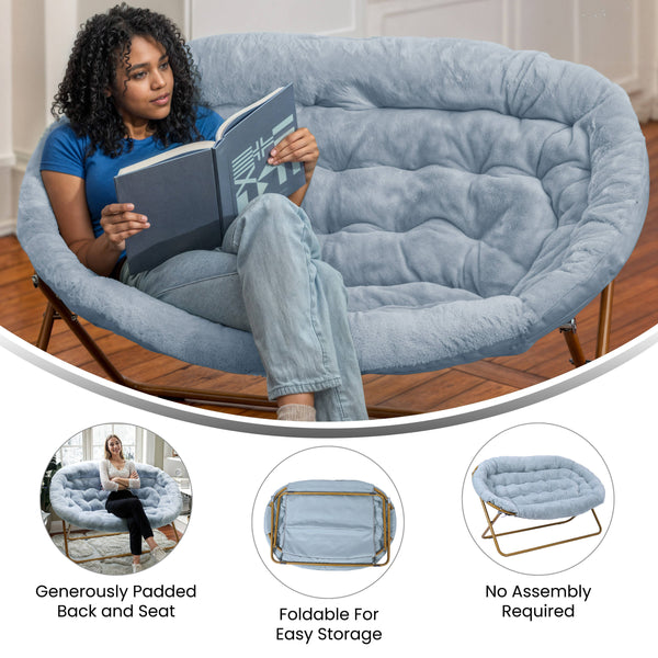 Aqua Fabric/Soft Gold Frame |#| Folding Faux Fur Double Saucer Chair with Steel Frame - Dusty Aqua/Soft Gold