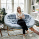 Aqua Fabric/Soft Gold Frame |#| Folding Faux Fur Double Saucer Chair with Steel Frame - Dusty Aqua/Soft Gold