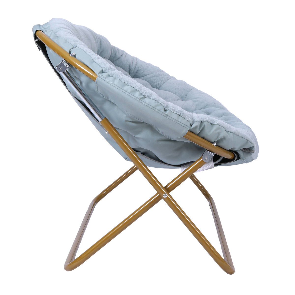 Aqua Fabric/Soft Gold Frame |#| Folding Faux Fur Double Saucer Chair with Steel Frame - Dusty Aqua/Soft Gold
