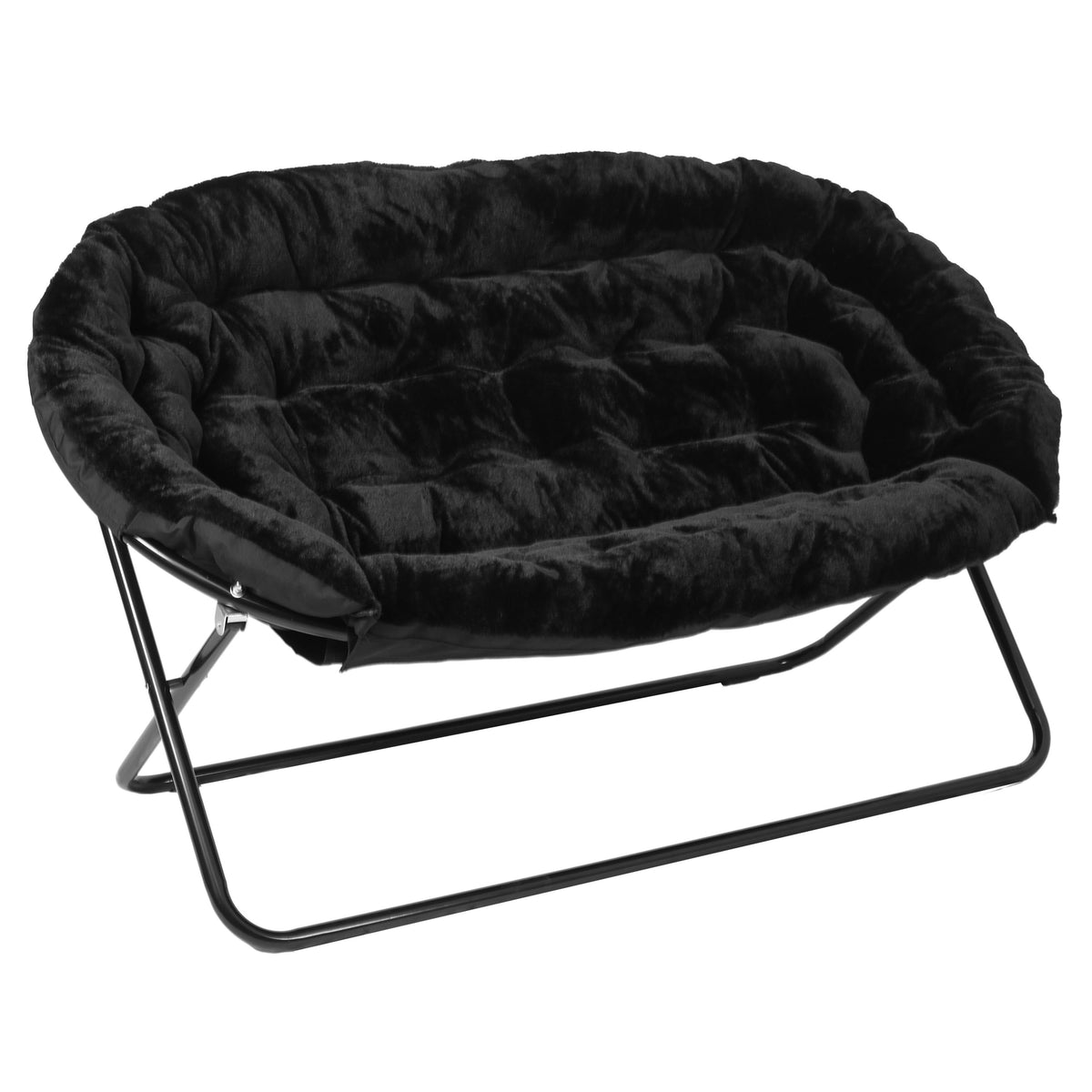 Black Fabric/Black Frame |#| Folding Faux Fur Double Saucer Chair with Steel Frame - Black/Black