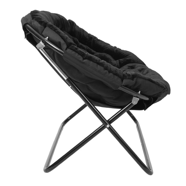 Black Fabric/Black Frame |#| Folding Faux Fur Double Saucer Chair with Steel Frame - Black/Black