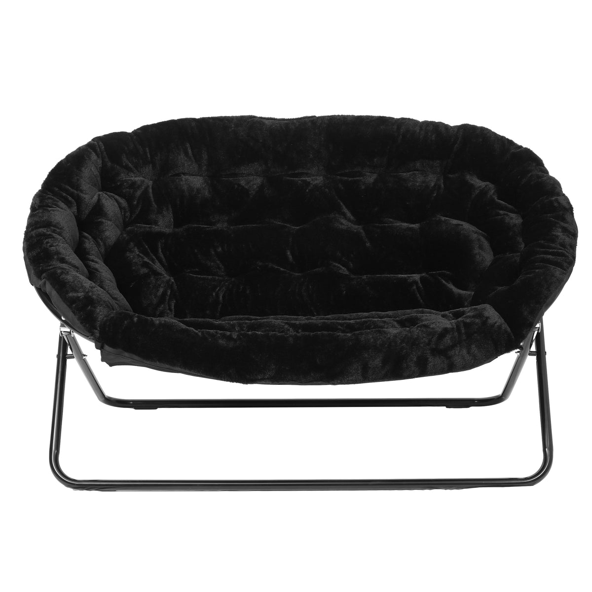 Black Fabric/Black Frame |#| Folding Faux Fur Double Saucer Chair with Steel Frame - Black/Black