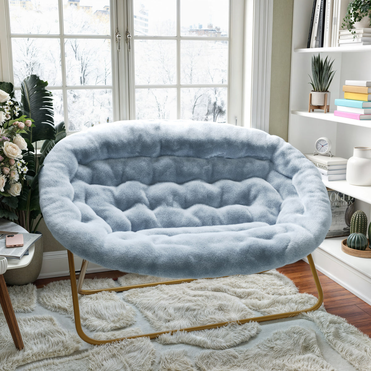 Aqua Fabric/Soft Gold Frame |#| Folding Faux Fur Double Saucer Chair with Steel Frame - Dusty Aqua/Soft Gold