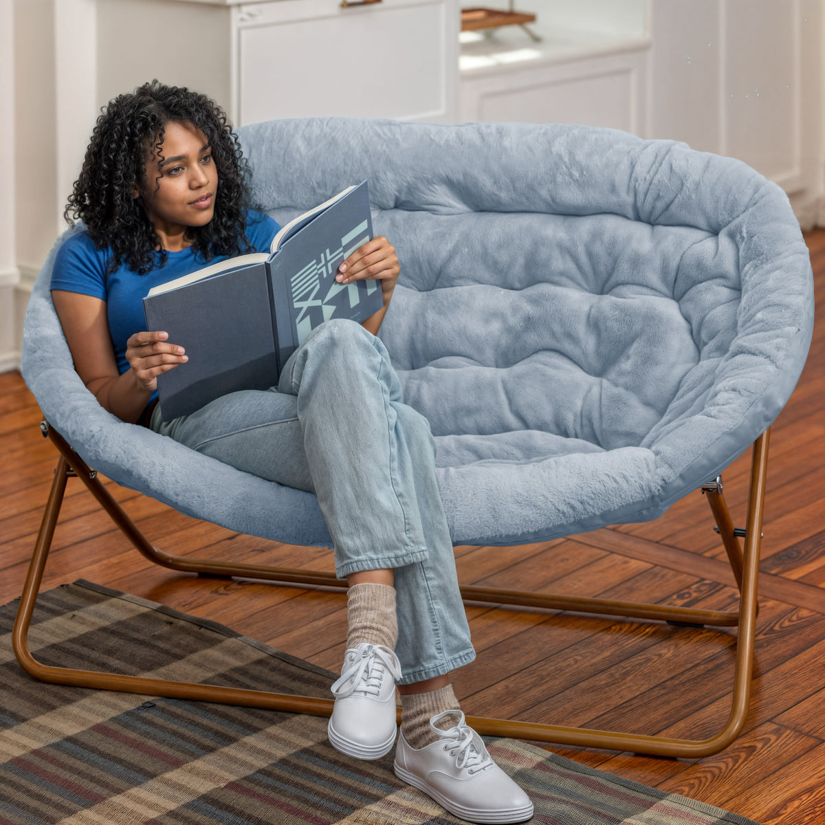 Aqua Fabric/Soft Gold Frame |#| Folding Faux Fur Double Saucer Chair with Steel Frame - Dusty Aqua/Soft Gold