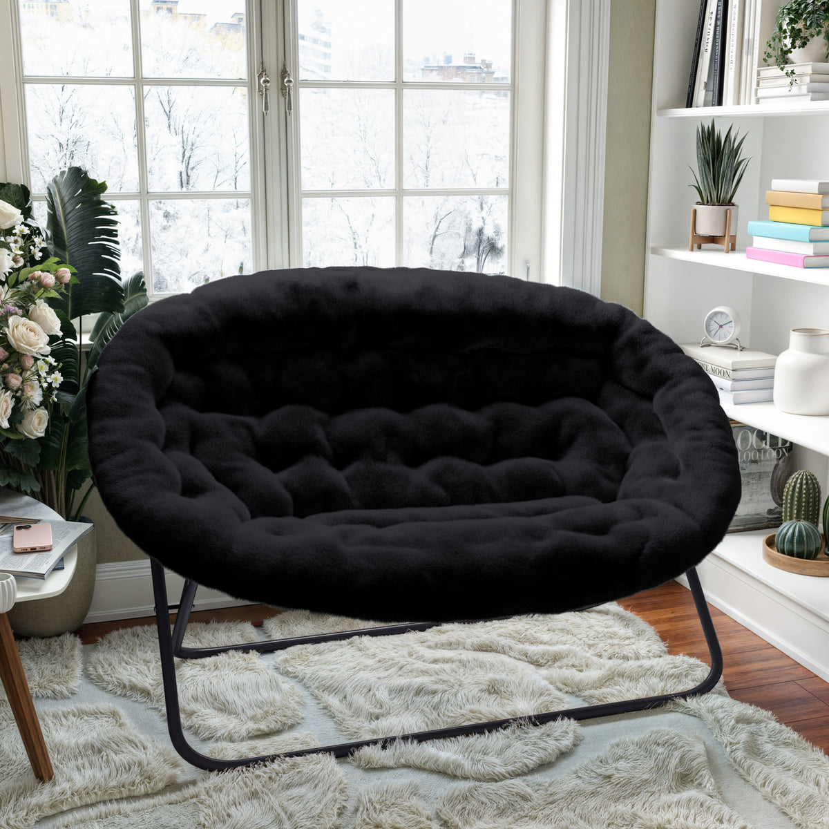 Black Fabric/Black Frame |#| Folding Faux Fur Double Saucer Chair with Steel Frame - Black/Black