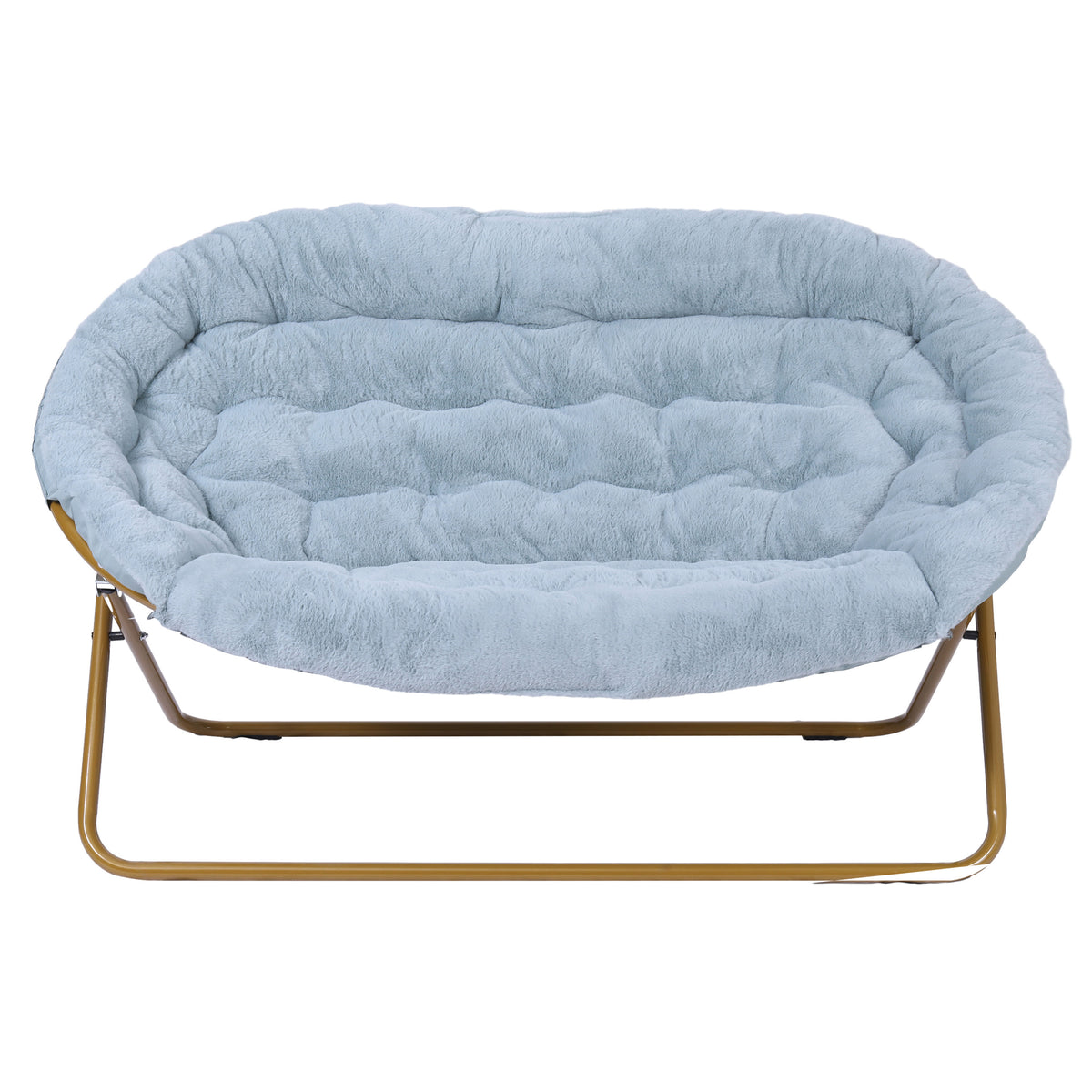 Aqua Fabric/Soft Gold Frame |#| Folding Faux Fur Double Saucer Chair with Steel Frame - Dusty Aqua/Soft Gold