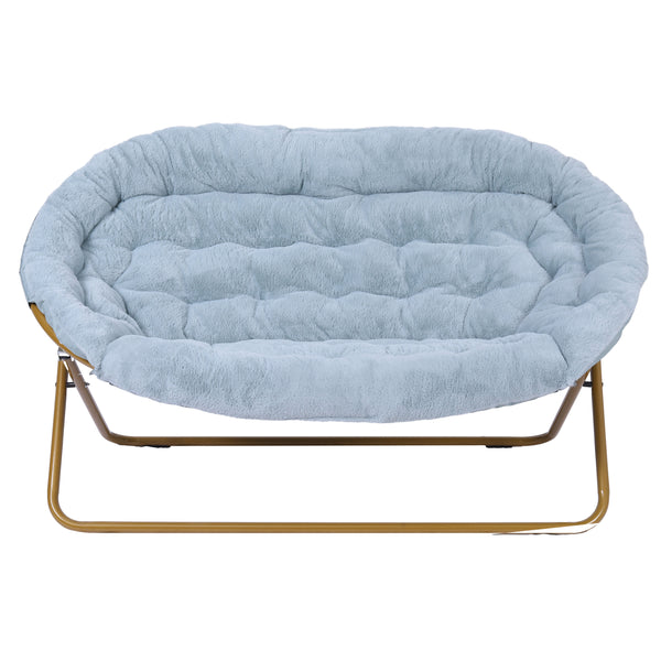 Aqua Fabric/Soft Gold Frame |#| Folding Faux Fur Double Saucer Chair with Steel Frame - Dusty Aqua/Soft Gold