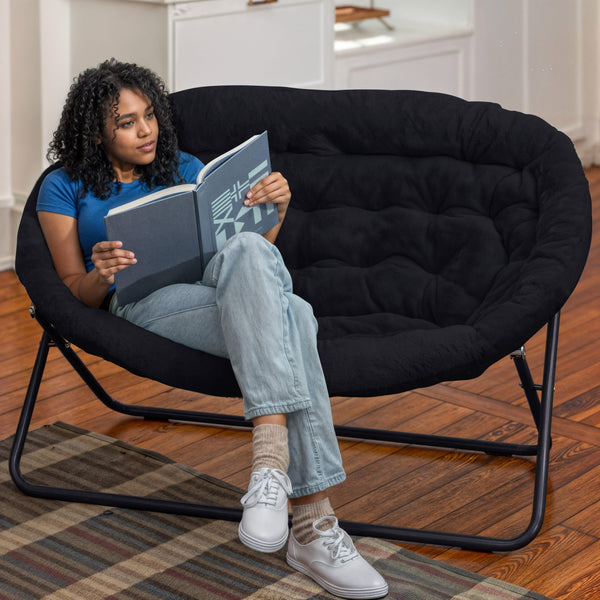 Black Fabric/Black Frame |#| Folding Faux Fur Double Saucer Chair with Steel Frame - Black/Black