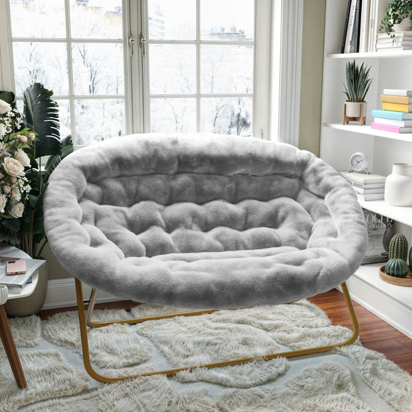 Gray Fabric/Soft Gold Frame |#| Folding Faux Fur Double Saucer Chair with Steel Frame - Gray/Soft Gold