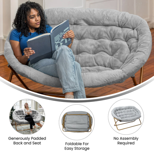 Gray Fabric/Soft Gold Frame |#| Folding Faux Fur Double Saucer Chair with Steel Frame - Gray/Soft Gold