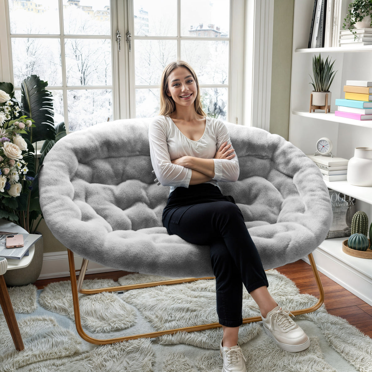 Gray Fabric/Soft Gold Frame |#| Folding Faux Fur Double Saucer Chair with Steel Frame - Gray/Soft Gold
