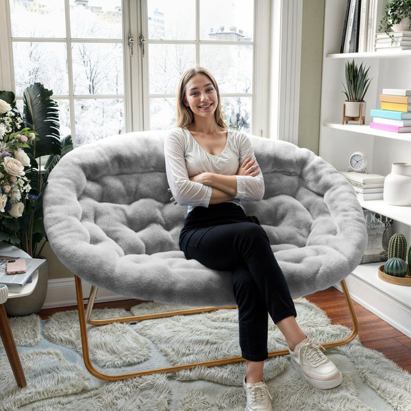 Gray Fabric/Soft Gold Frame |#| Folding Faux Fur Double Saucer Chair with Steel Frame - Gray/Soft Gold