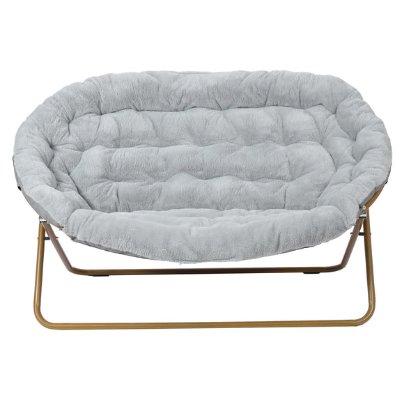 Gray Fabric/Soft Gold Frame |#| Folding Faux Fur Double Saucer Chair with Steel Frame - Gray/Soft Gold