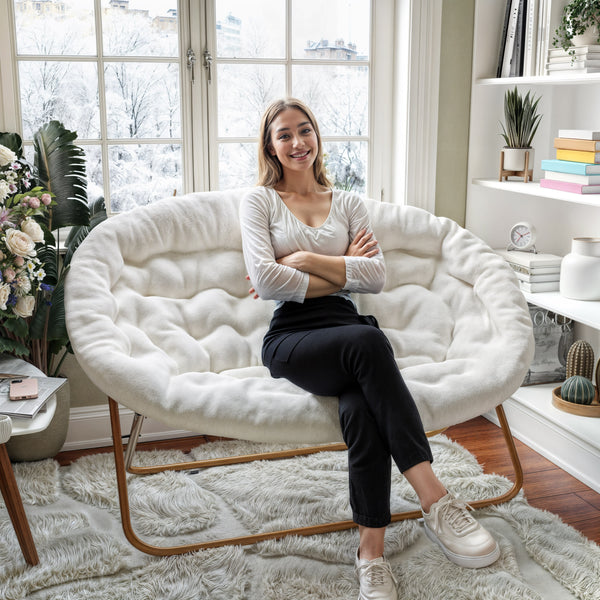 Ivory Faux Shearling Fabric/Soft Gold Frame |#| Folding Faux Shearling Double Saucer Chair with Steel Frame - Ivory/Soft Gold