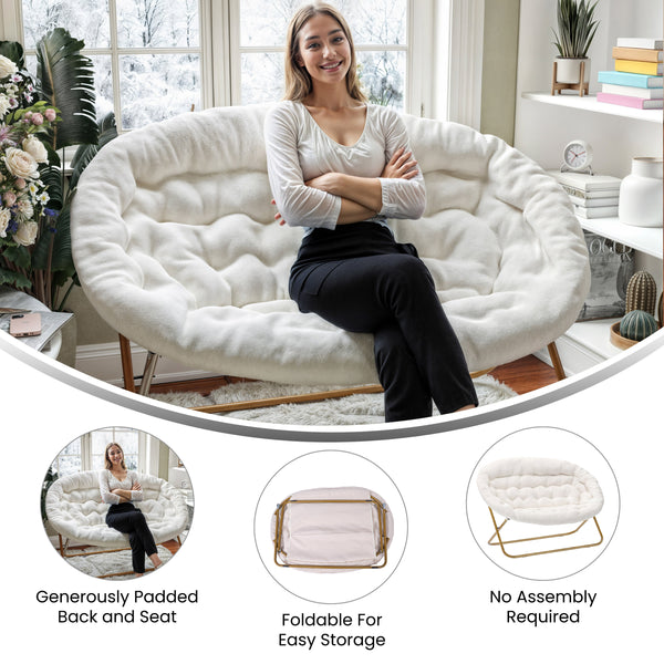 Ivory Faux Shearling Fabric/Soft Gold Frame |#| Folding Faux Shearling Double Saucer Chair with Steel Frame - Ivory/Soft Gold