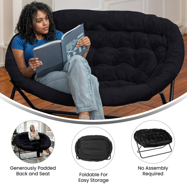 Black Fabric/Black Frame |#| Folding Faux Fur Double Saucer Chair with Steel Frame - Black/Black