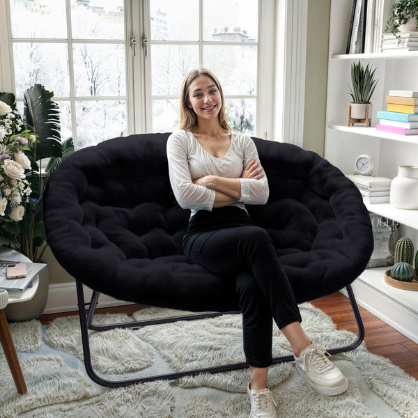 Black Fabric/Black Frame |#| Folding Faux Fur Double Saucer Chair with Steel Frame - Black/Black