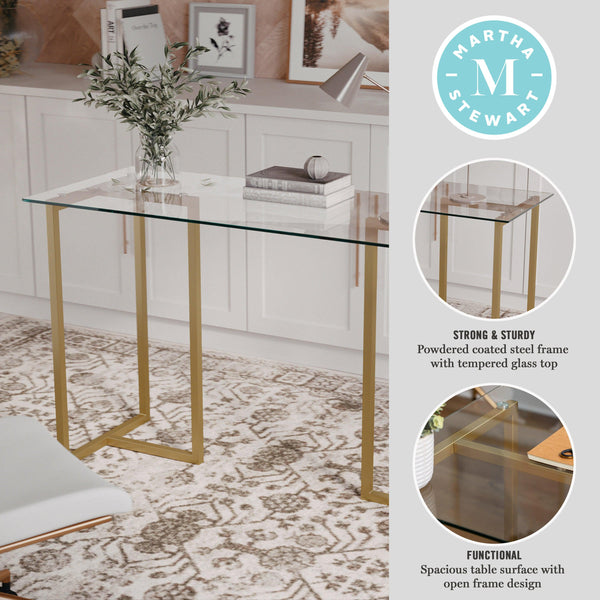 Clear Top/Polished Brass Frame |#| Tempered Glass Top Home Office Desk with Steel Frame in Polished Brass