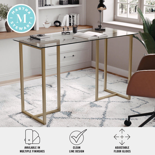 Clear Top/Polished Brass Frame |#| Tempered Glass Top Home Office Desk with Steel Frame in Polished Brass