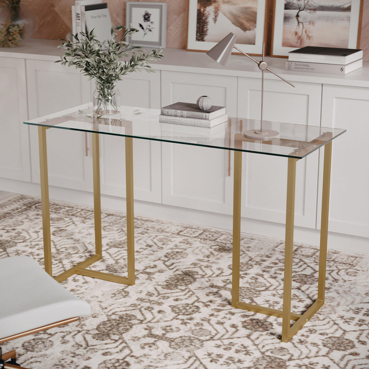 Clear Top/Polished Brass Frame |#| Tempered Glass Top Home Office Desk with Steel Frame in Polished Brass