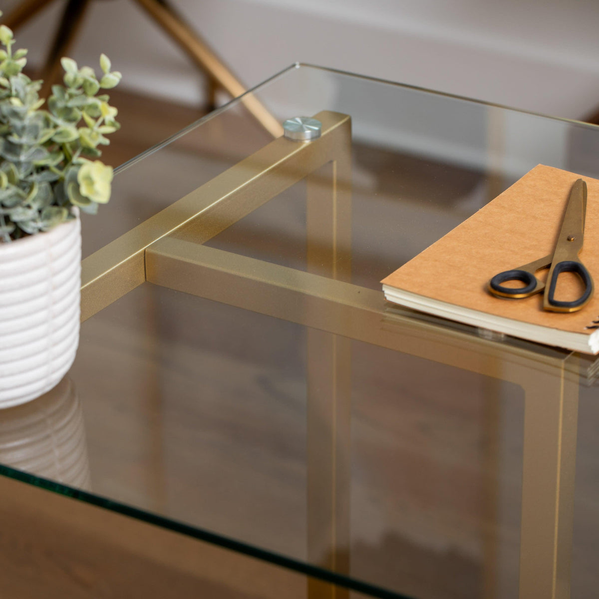 Clear Top/Polished Brass Frame |#| Tempered Glass Top Home Office Desk with Steel Frame in Polished Brass