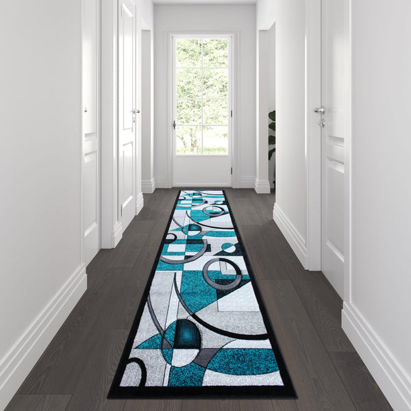 Turquoise,3' x 10' |#| Modern Geometric Abstract Area Rug - Turquoise, Black, & Gray - 3' x 10'