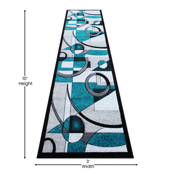 Turquoise,3' x 10' |#| Modern Geometric Abstract Area Rug - Turquoise, Black, & Gray - 3' x 10'