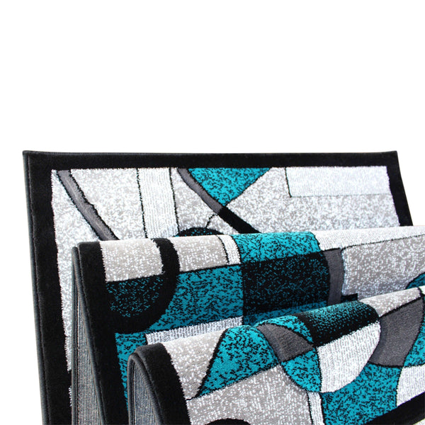 Turquoise,3' x 10' |#| Modern Geometric Abstract Area Rug - Turquoise, Black, & Gray - 3' x 10'