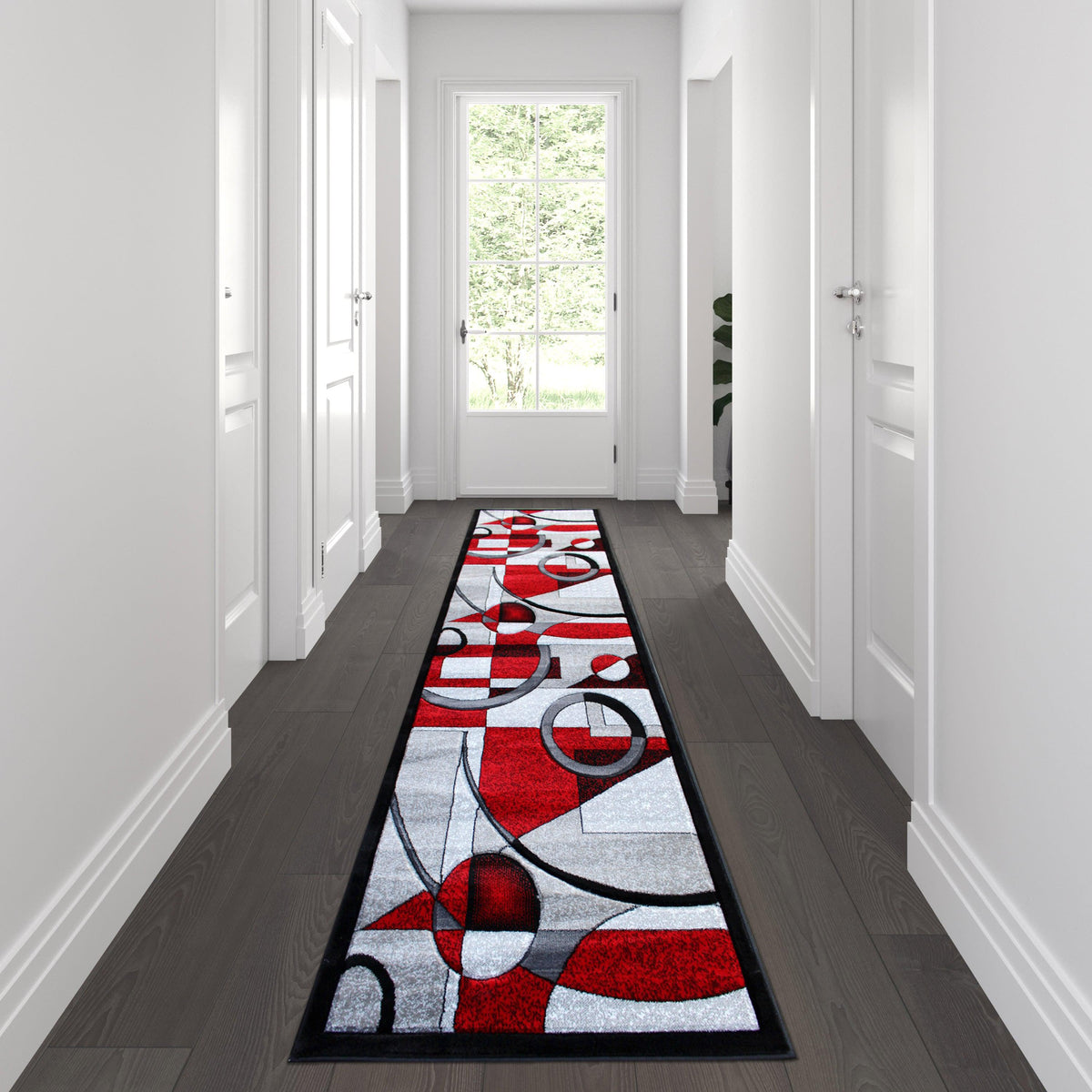 Red,2.8' x 10' |#| Modern Geometric Abstract Area Rug - Red, Black, & Gray - 3' x 10'