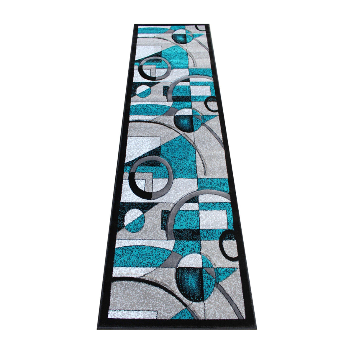 Turquoise,2' x 7' |#| Modern Geometric Abstract Area Rug - Turquoise, Black, & Gray - 2' x 7'