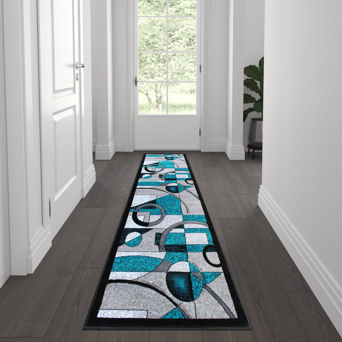 Turquoise,2' x 7' |#| Modern Geometric Abstract Area Rug - Turquoise, Black, & Gray - 2' x 7'