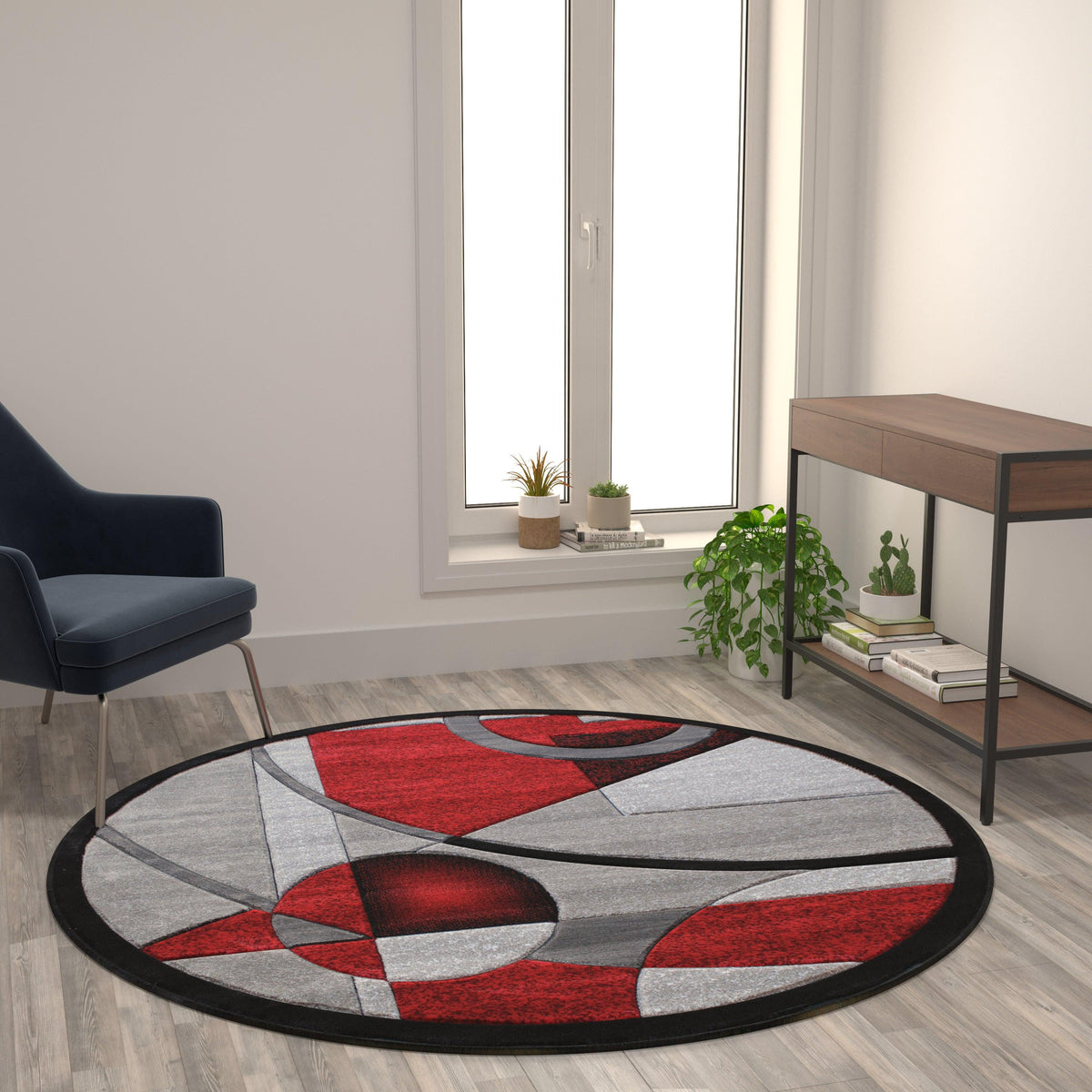 Red,5' Round |#| Modern Geometric Abstract Area Rug - Turquoise, Black, & Gray - 5' x 5' Round