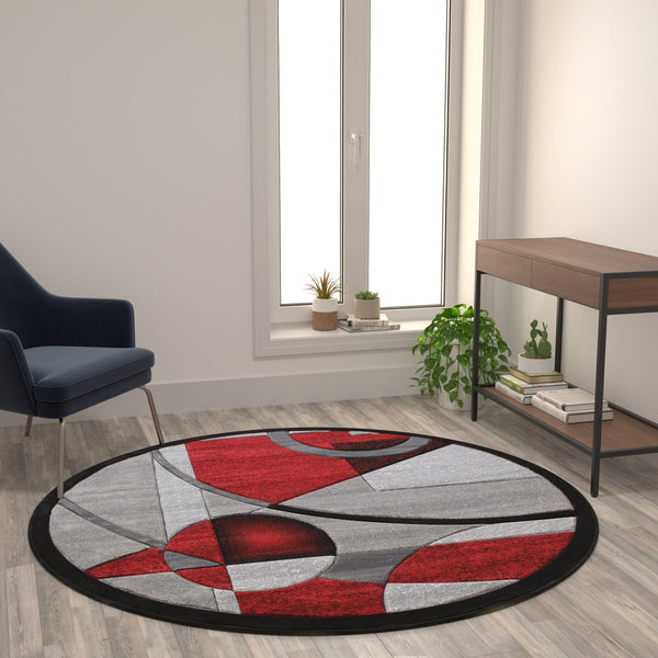 Red,5' Round |#| Modern Geometric Abstract Area Rug - Turquoise, Black, & Gray - 5' x 5' Round