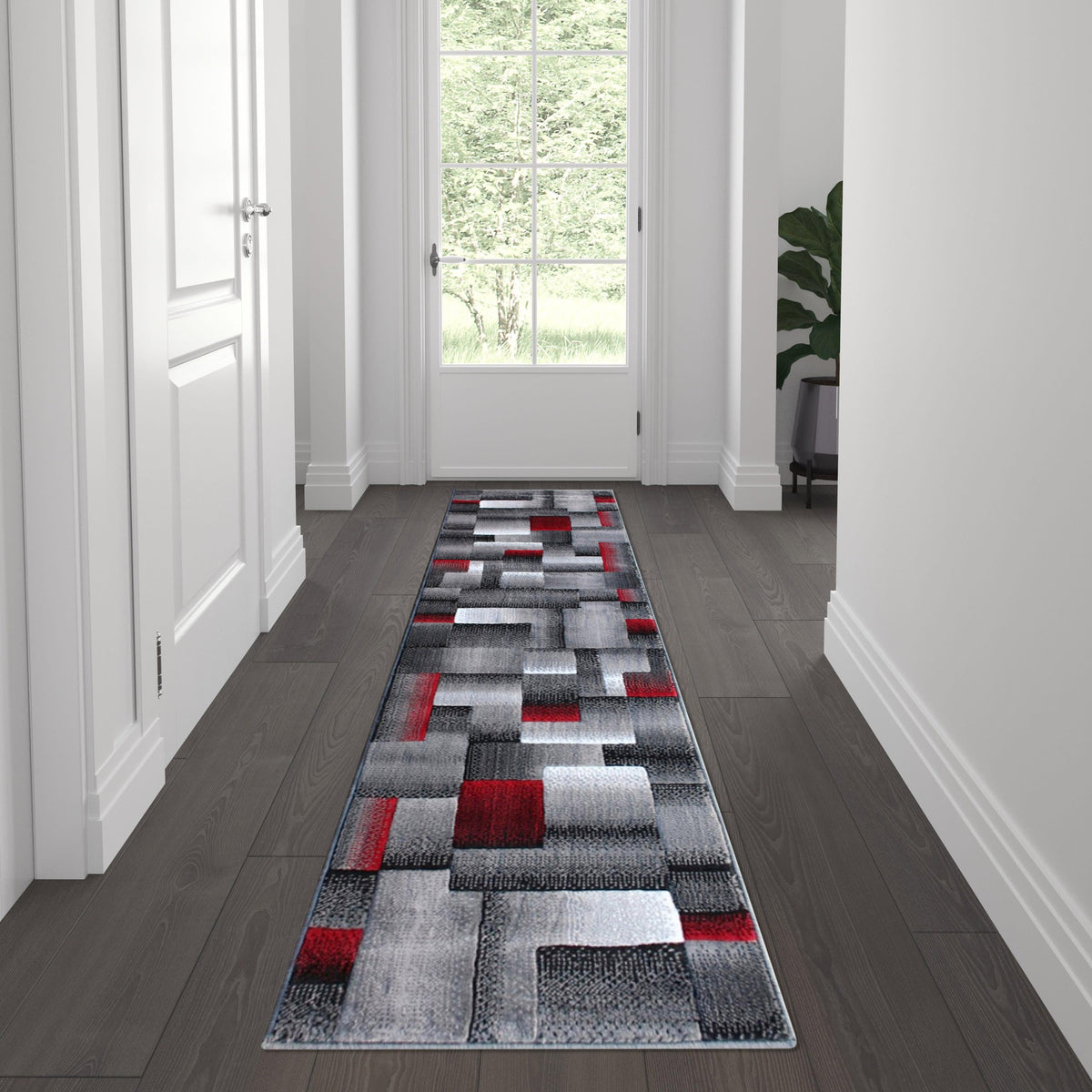 Red,2' x 7' |#| Modern Geometric Style Color Blocked Indoor Area Rug - Red - 2' x 7'