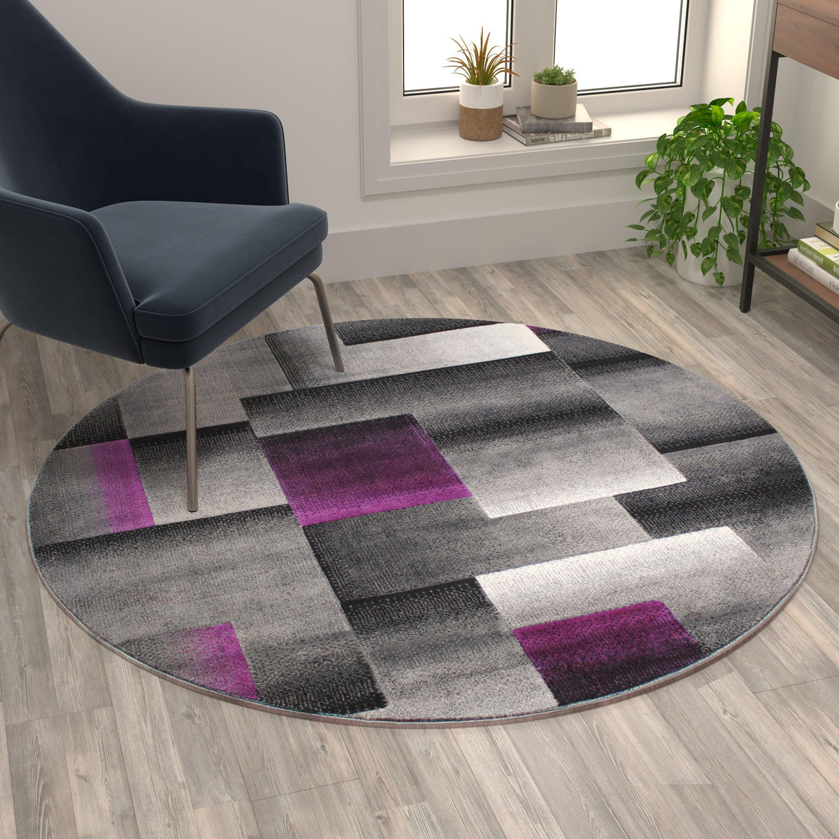 Purple,5' Round |#| Modern Geometric Style Color Blocked Indoor Area Rug - Purple - 5' x 5'
