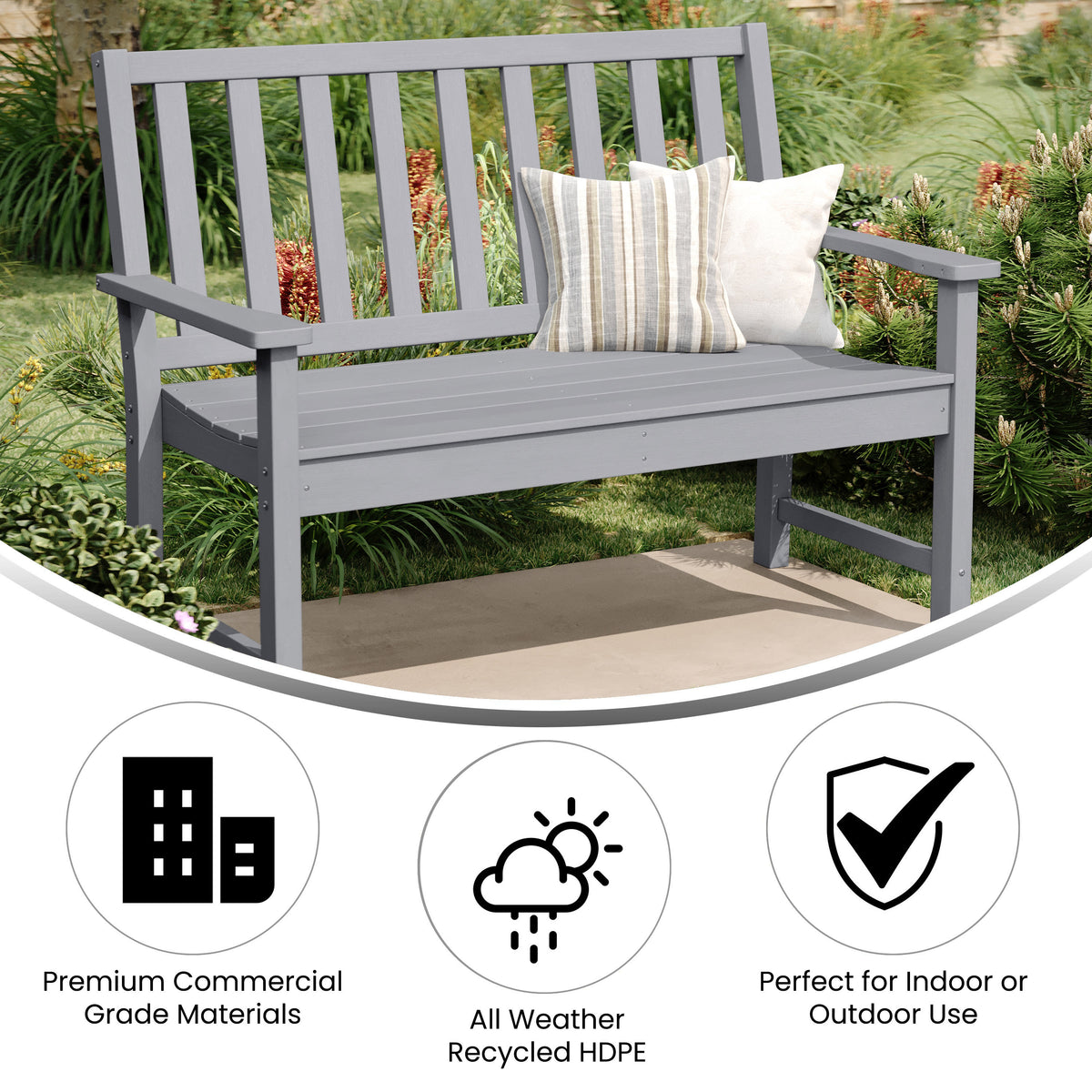 Gray |#| All Weather Heavy Duty Commercial Recycled HDPE Bench with Curved Seat in Gray