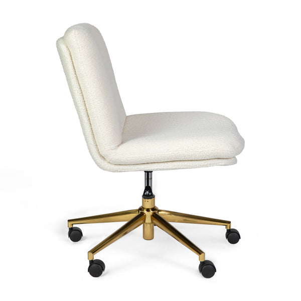 White Boucle/Polished Brass Frame |#| Boucle Swivel Home Office Chair with Wide Seat - Off White/Polished Brass