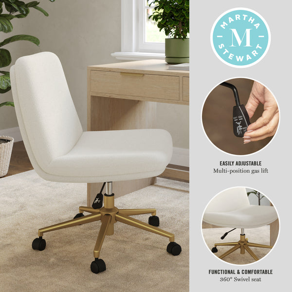 White Boucle/Polished Brass Frame |#| Boucle Swivel Home Office Chair with Wide Seat - Off White/Polished Brass