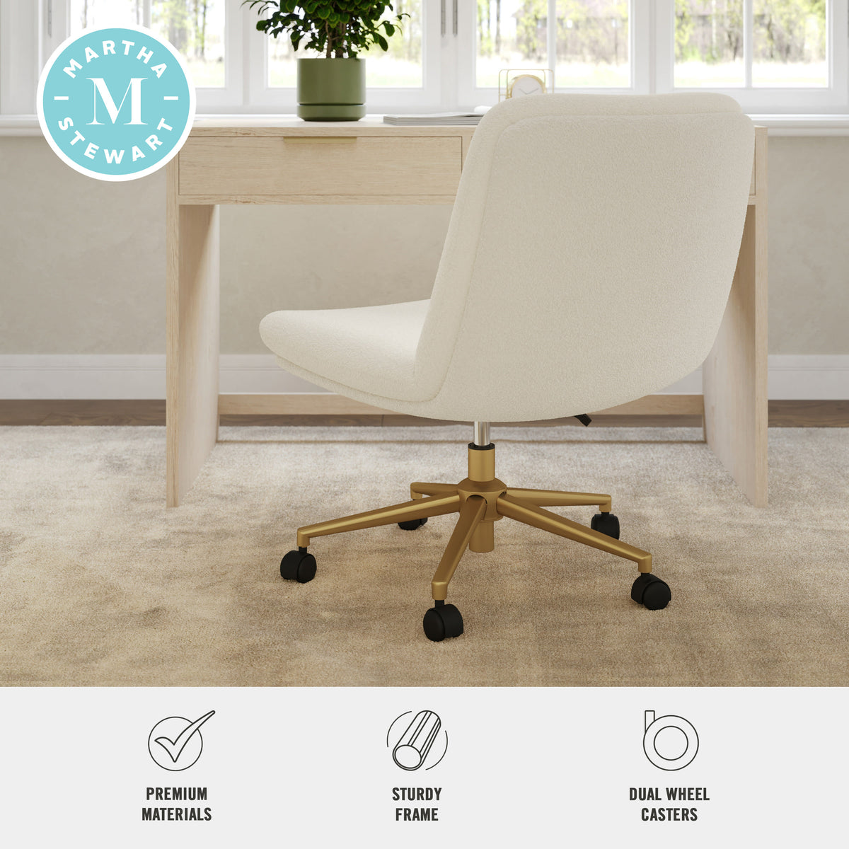 White Boucle/Polished Brass Frame |#| Boucle Swivel Home Office Chair with Wide Seat - Off White/Polished Brass