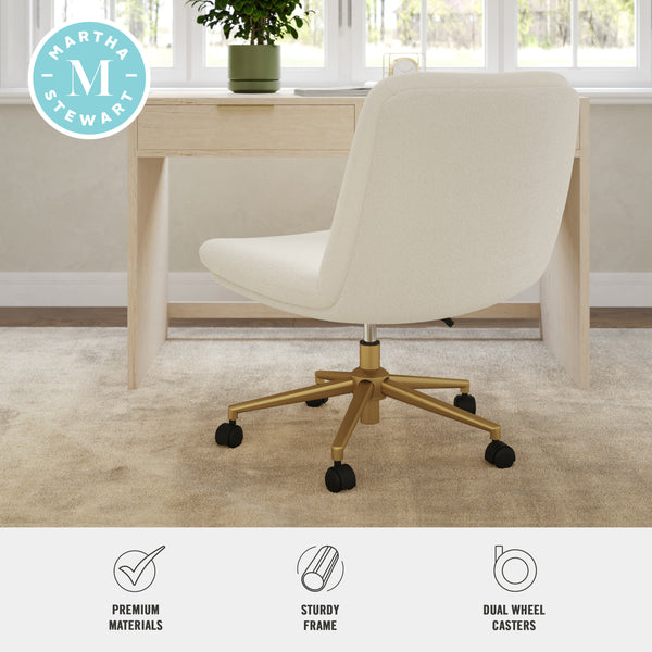 White Boucle/Polished Brass Frame |#| Boucle Swivel Home Office Chair with Wide Seat - Off White/Polished Brass