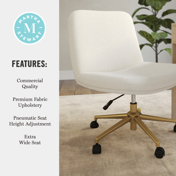 White Boucle/Polished Brass Frame |#| Boucle Swivel Home Office Chair with Wide Seat - Off White/Polished Brass