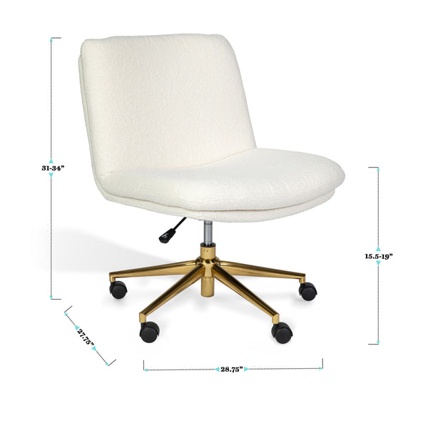 White Boucle/Polished Brass Frame |#| Boucle Swivel Home Office Chair with Wide Seat - Off White/Polished Brass
