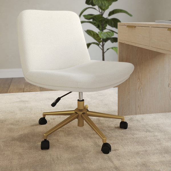 White Boucle/Polished Brass Frame |#| Boucle Swivel Home Office Chair with Wide Seat - Off White/Polished Brass